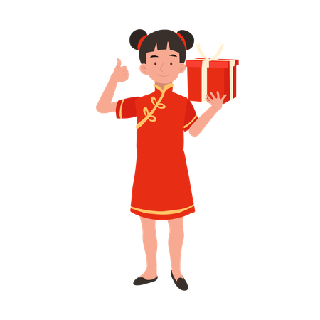 Chica en vestido tradicional chino con caja de regalo  Ilustración