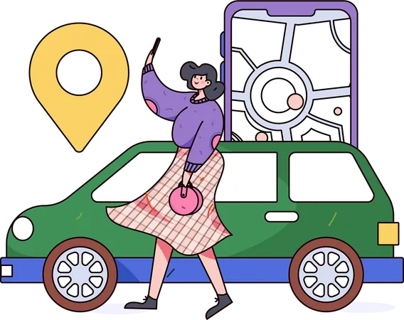 Chica encontrando un auto usando una aplicación de servicio de auto  Ilustración