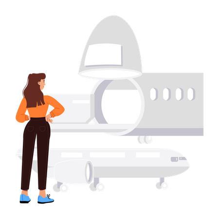 Chica enviando paquete por transporte aéreo  Ilustración