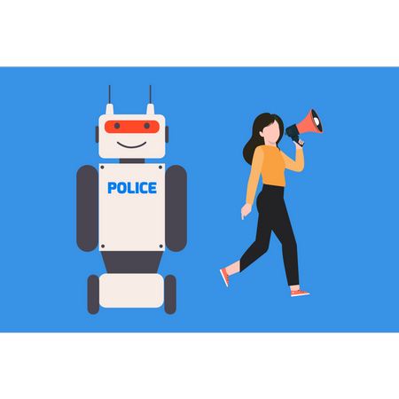 La muchacha está comercializando la policía robótica.  Ilustración