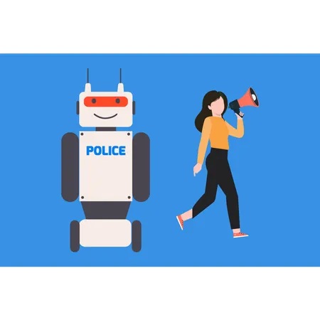 La muchacha está comercializando la policía robótica.  Ilustración