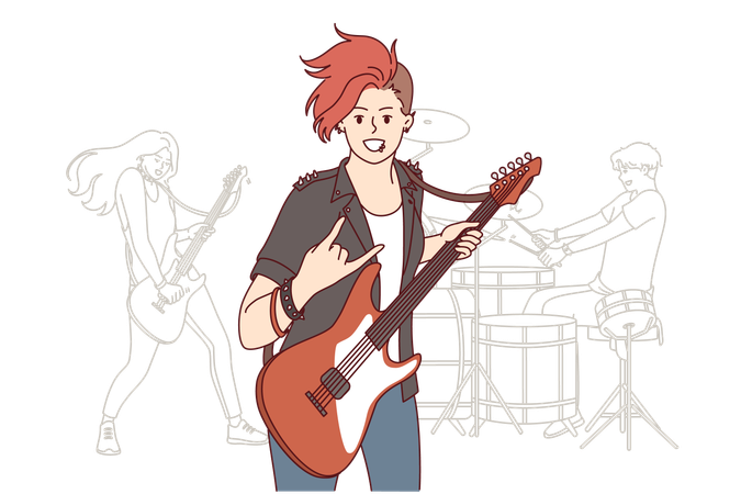 La chica es músico de rock tocando la guitarra.  Ilustración