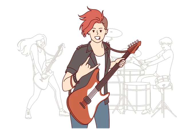 La chica es músico de rock tocando la guitarra.  Ilustración