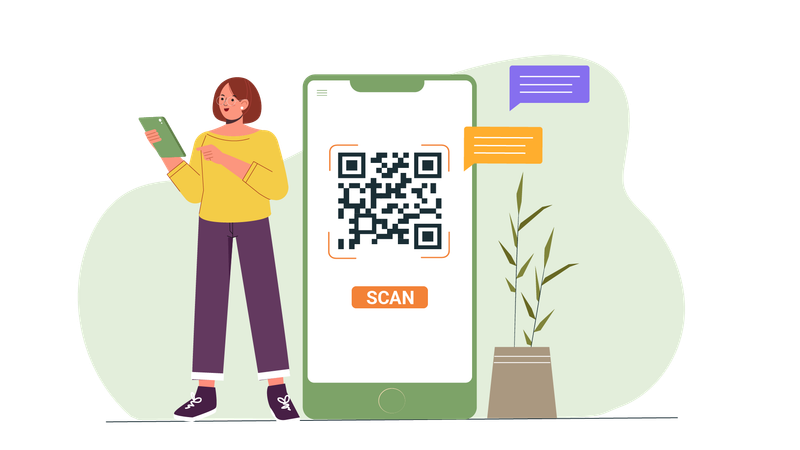 Chica escaneando código QR para pago en línea  Ilustración