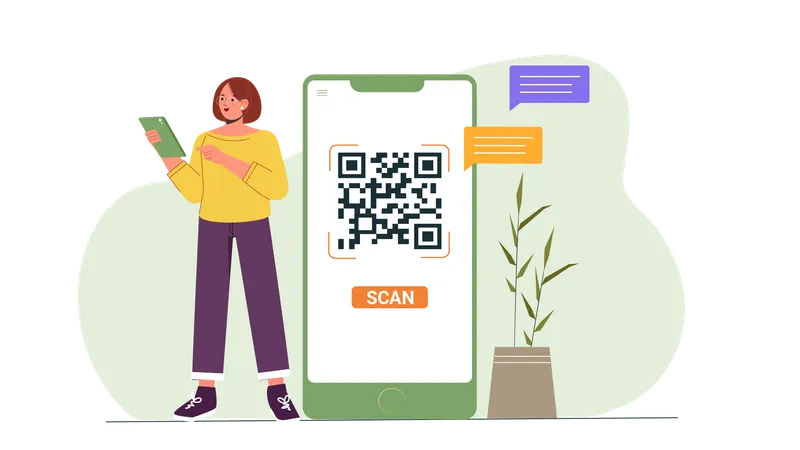 Chica escaneando código QR para pago en línea  Ilustración