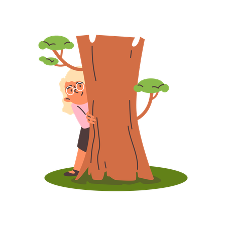 Niña escondida detrás de un árbol durante el juego  Ilustración