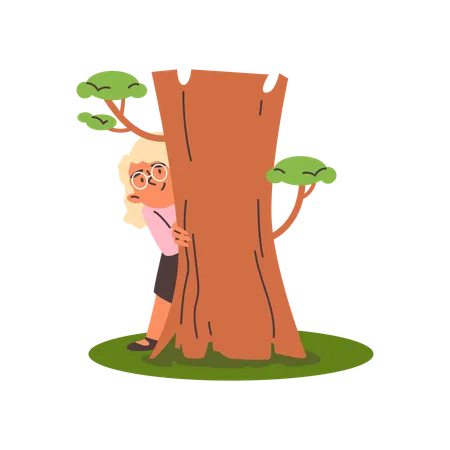 Niña escondida detrás de un árbol durante el juego  Ilustración
