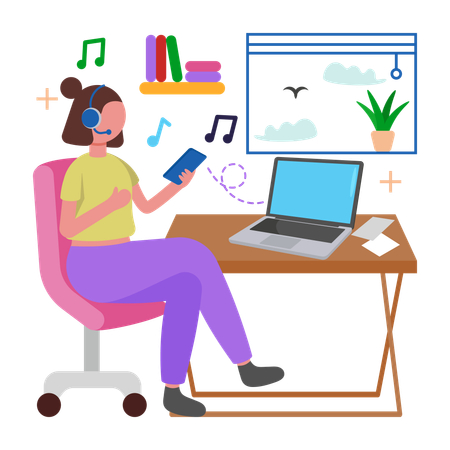 Chica escucha música mientras trabaja  Ilustración