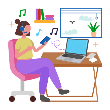 Chica escucha música mientras trabaja  Ilustración
