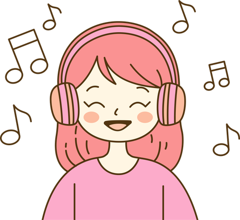 Chica escuchando música con auriculares  Ilustración