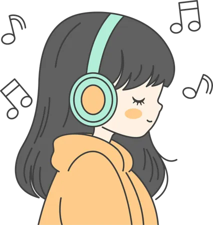 Niña escuchando música con auriculares  Ilustración