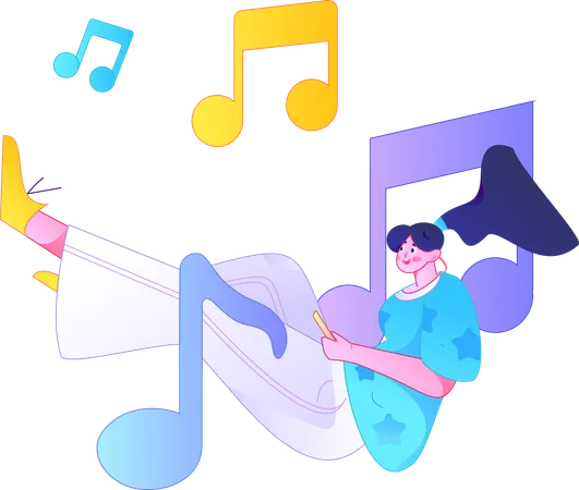 Chica escuchando música con auriculares  Ilustración