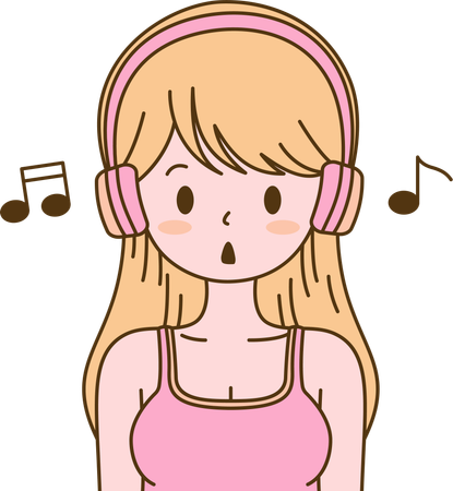 Chica escuchando música con auriculares mientras canta  Ilustración