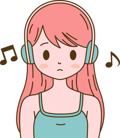 Chica escuchando música con auriculares y expresión triste  Ilustración