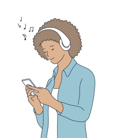 Chica escuchando música en el móvil  Ilustración