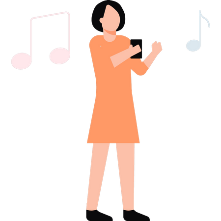 Chica escuchando música por teléfono  Ilustración