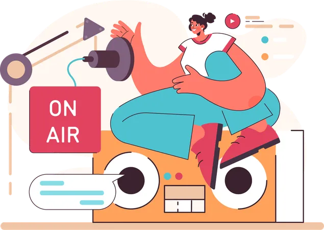 Chica escuchando transmisión en radio fm  Ilustración