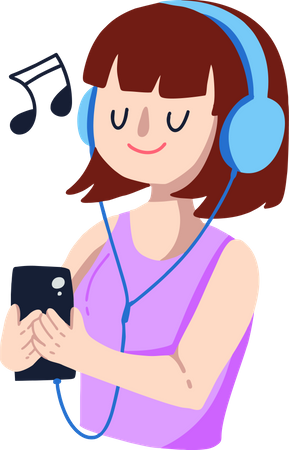 Chica escucha música en el teléfono  Ilustración