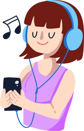 Chica escucha música en el teléfono  Ilustración