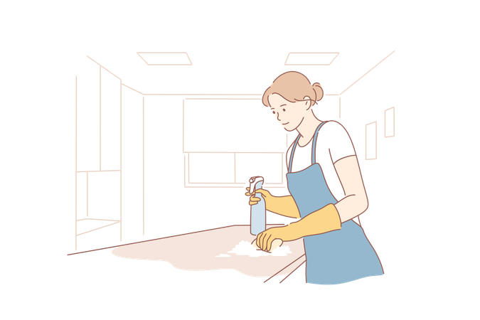 La chica está barriendo la plataforma de la cocina.  Ilustración