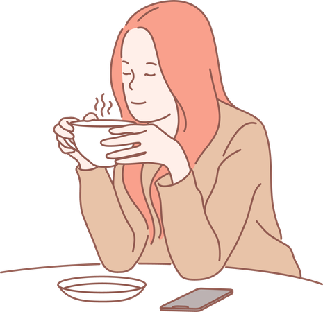 La chica está tomando café.  Ilustración