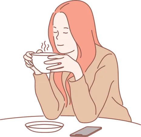 La chica está tomando café.  Ilustración