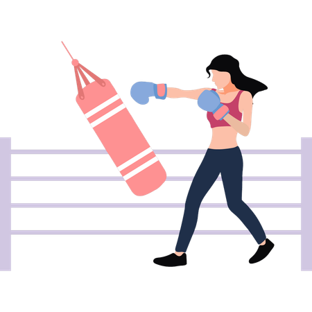 La chica está boxeando con un saco de boxeo.  Ilustración