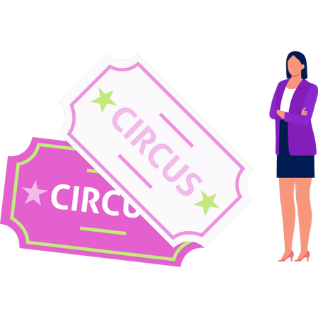 La chica está parada con entradas para el circo.  Ilustración