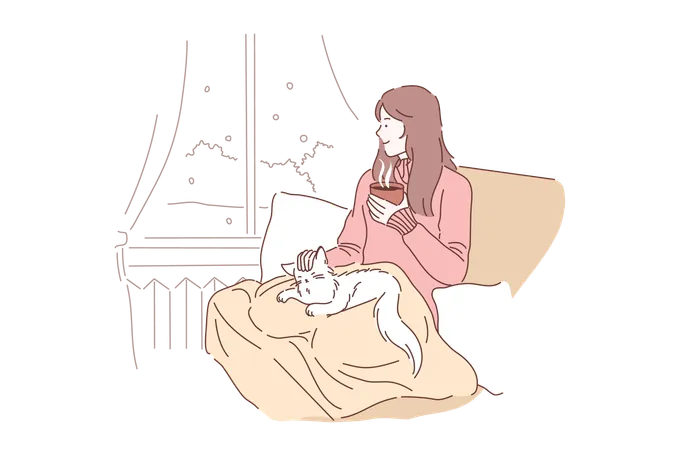 La chica está disfrutando de su té en la cama.  Ilustración