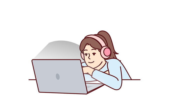 La chica está escuchando música en la computadora portátil  Ilustración