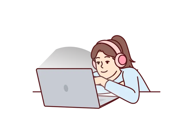 La chica está escuchando música en la computadora portátil  Ilustración