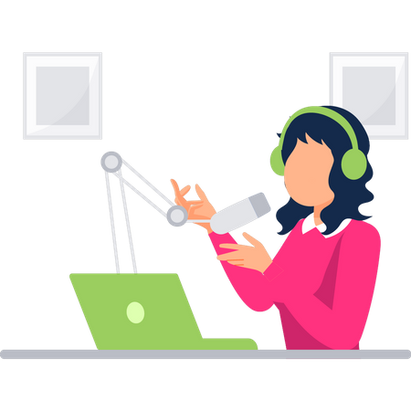 La chica está grabando un podcast.  Ilustración