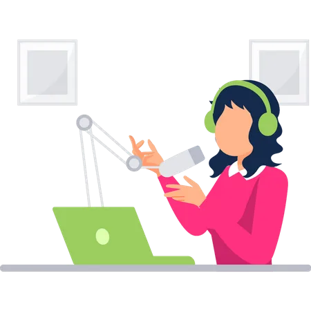 La chica está grabando un podcast.  Ilustración