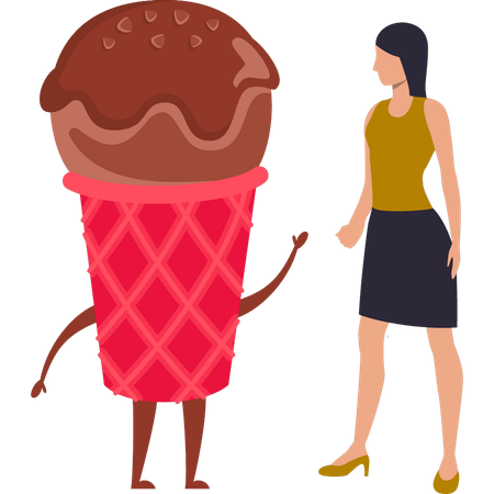 La chica está hablando con el helado.  Ilustración