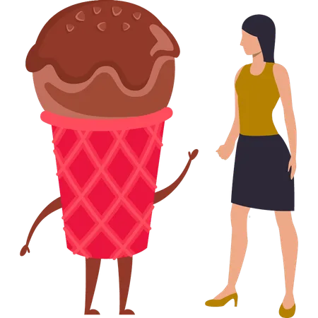 La chica está hablando con el helado.  Ilustración