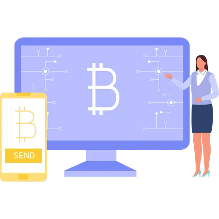 La chica habla de bitcoin en la pantalla.  Ilustración