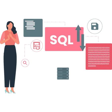 La chica habla de convertir SQL a código binario.  Ilustración