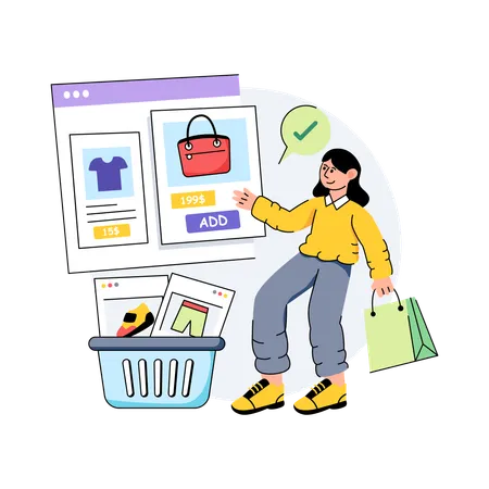 La chica está haciendo compras en línea  Ilustración