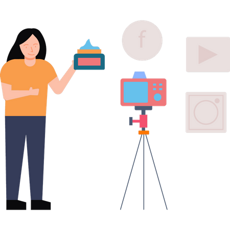Chica está haciendo videos de promoción de cosméticos.  Ilustración