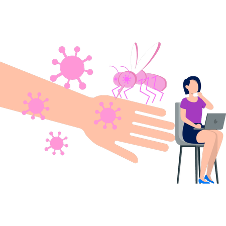 La chica está investigando en la computadora portátil.  Ilustración