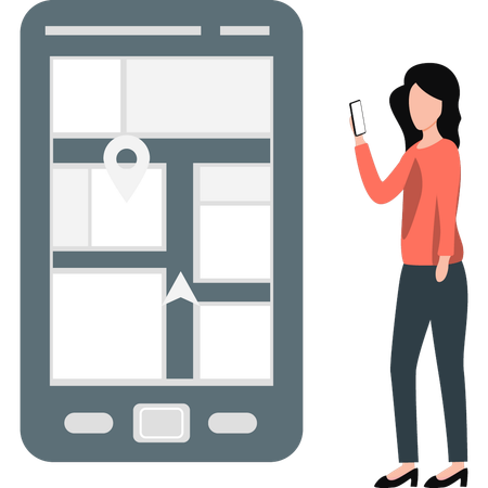 La chica está mirando el mapa en el teléfono móvil.  Ilustración