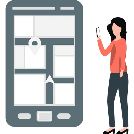 La chica está mirando el mapa en el teléfono móvil.  Ilustración