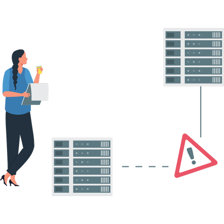 La chica está mirando el servidor de la base de datos.  Ilustración