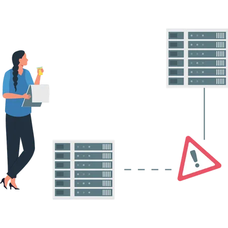 La chica está mirando el servidor de la base de datos.  Ilustración