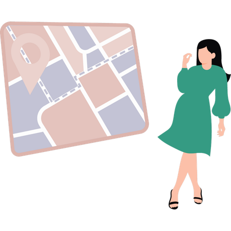 La chica está mirando el pin de ubicación en el mapa.  Ilustración