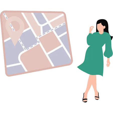 La chica está mirando el pin de ubicación en el mapa.  Ilustración