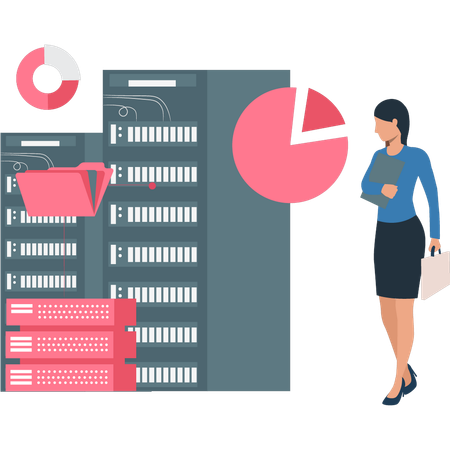 La chica está mirando los servidores de bases de datos de marketing financiero.  Ilustración