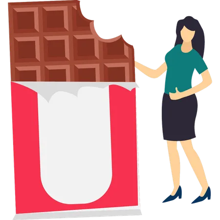 La chica está parada al lado de la barra de chocolate.  Ilustración