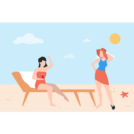 La chica está sentada en una tumbona y disfrutando en la playa  Ilustración
