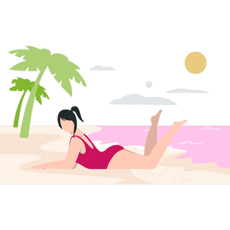 La chica está tomando un baño de sol en la playa  Ilustración